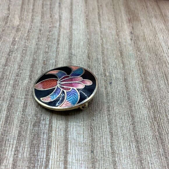 Cloisonne Vintage Enamel Iris Circle Gold Tone Brooch Pin - Picture 3 of 6